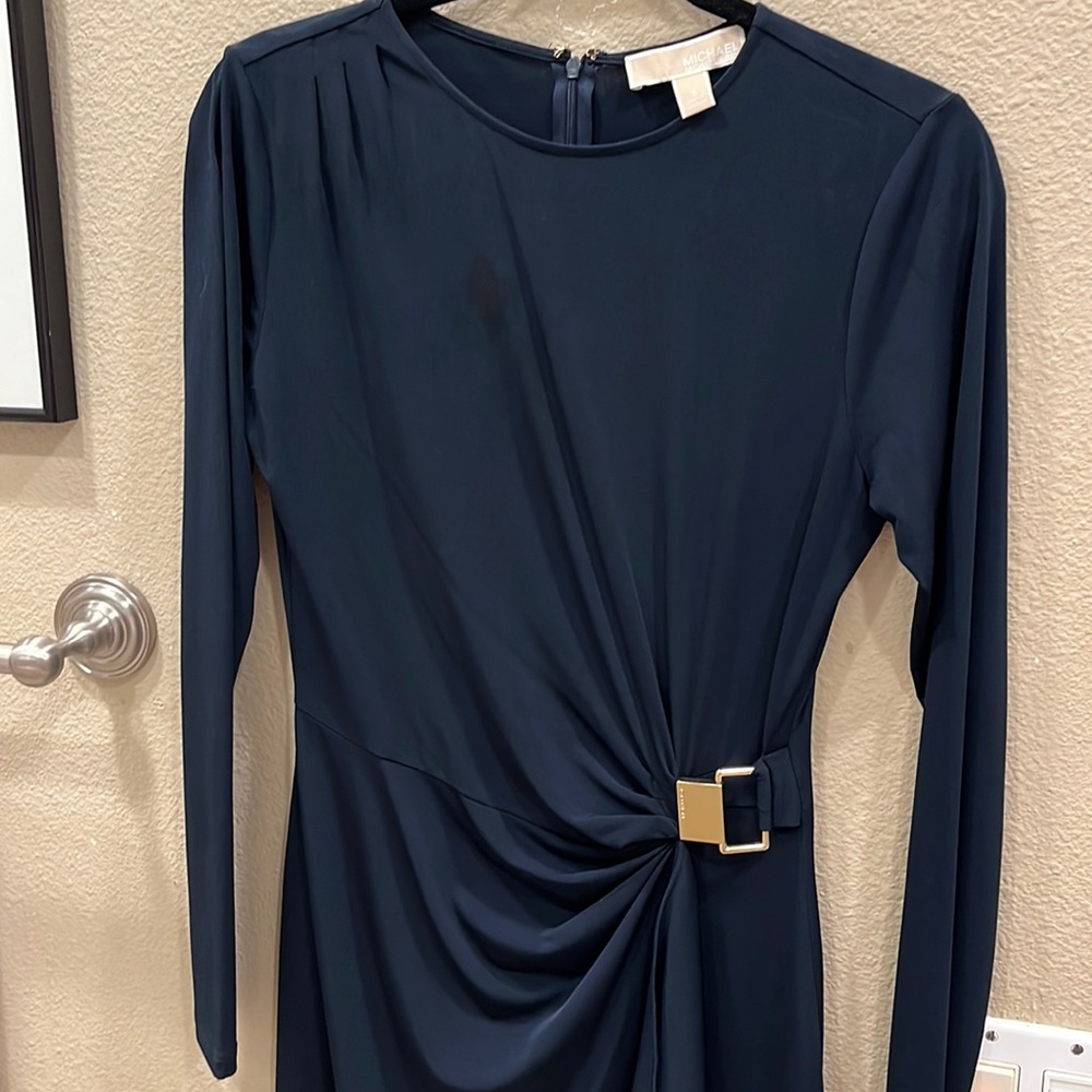 Closet sale! Navy blue long sleeve lightweight dress with faux front ruffle